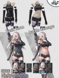 NieR Automata A2 battle-damaged PU cosplay set with corset, tattoo pen and printed stockings