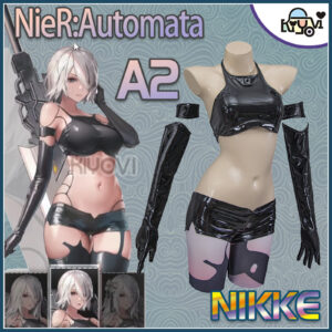 NieR Automata A2 battle-damaged PU cosplay set with corset, tattoo pen and printed stockings