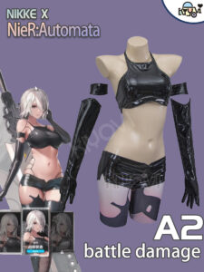 NieR Automata A2 battle-damaged PU cosplay set with corset, tattoo pen and printed stockings