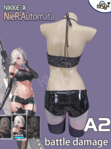 NieR Automata A2 battle-damaged PU cosplay set with corset, tattoo pen and printed stockings
