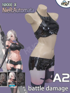 NieR Automata A2 battle-damaged PU cosplay set with corset, tattoo pen and printed stockings