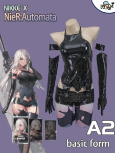 NieR Automata A2 battle-damaged PU cosplay set with corset, tattoo pen and printed stockings