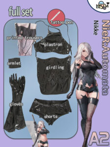 NieR Automata A2 battle-damaged PU cosplay set with corset, tattoo pen and printed stockings