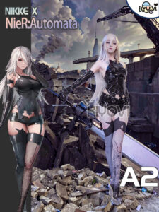 NieR Automata A2 battle-damaged PU cosplay set with corset, tattoo pen and printed stockings