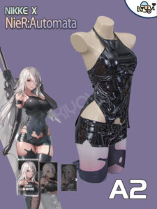 NieR Automata A2 battle-damaged PU cosplay set with corset, tattoo pen and printed stockings