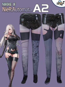 NieR Automata A2 battle-damaged PU cosplay set with corset, tattoo pen and printed stockings