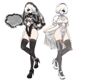 NieR Automata 2B lace cosplay: open-chest bodysuit, veil, 3 bust options and exposed shoulder design