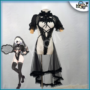 NieR Automata 2B lace cosplay: open-chest bodysuit, veil, 3 bust options and exposed shoulder design