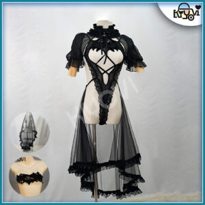 NieR Automata 2B lace cosplay: open-chest bodysuit, veil, 3 bust options and exposed shoulder design