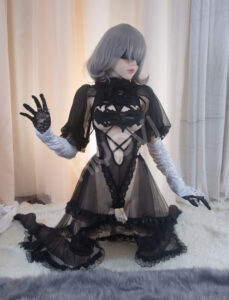 NieR Automata 2B lace cosplay: open-chest bodysuit, veil, 3 bust options and exposed shoulder design