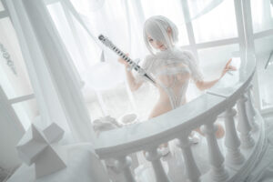NieR Automata 2B lace cosplay: open-chest bodysuit, veil, 3 bust options and exposed shoulder design