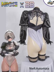 Limited-edition NieR Automata and NIKKE crossover bodysuit set with feather sleeves, lace blindfold, and PU stockings, displayed on a mannequin.
