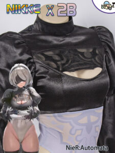 Limited-edition NieR Automata and NIKKE crossover bodysuit set with feather sleeves, lace blindfold, and PU stockings, displayed on a mannequin.