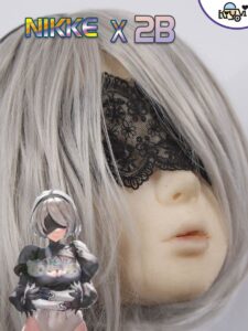 Limited-edition NieR Automata and NIKKE crossover bodysuit set with feather sleeves, lace blindfold, and PU stockings, displayed on a mannequin.