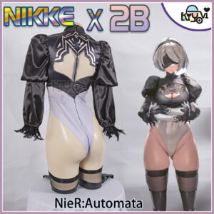 Limited-edition NieR Automata and NIKKE crossover bodysuit set with feather sleeves, lace blindfold, and PU stockings, displayed on a mannequin.