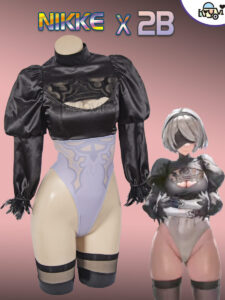 Limited-edition NieR Automata and NIKKE crossover bodysuit set with feather sleeves, lace blindfold, and PU stockings, displayed on a mannequin.