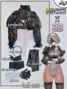 Limited-edition NieR Automata and NIKKE crossover bodysuit set with feather sleeves, lace blindfold, and PU stockings, displayed on a mannequin.