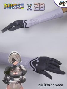 Limited-edition NieR Automata and NIKKE crossover bodysuit set with feather sleeves, lace blindfold, and PU stockings, displayed on a mannequin.