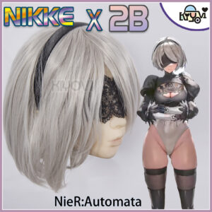 Limited-edition NieR Automata and NIKKE crossover bodysuit set with feather sleeves, lace blindfold, and PU stockings, displayed on a mannequin.