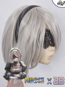 Limited-edition NieR Automata and NIKKE crossover bodysuit set with feather sleeves, lace blindfold, and PU stockings, displayed on a mannequin.