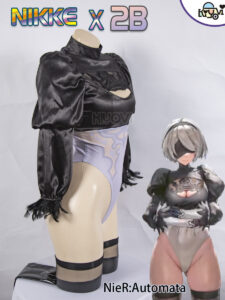 Limited-edition NieR Automata and NIKKE crossover bodysuit set with feather sleeves, lace blindfold, and PU stockings, displayed on a mannequin.