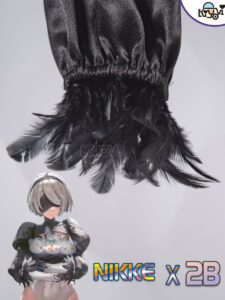 Limited-edition NieR Automata and NIKKE crossover bodysuit set with feather sleeves, lace blindfold, and PU stockings, displayed on a mannequin.