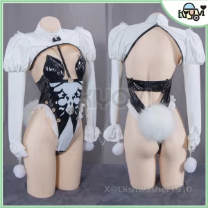 NieR Automata 2B bunny cosplay set with PU bodysuit, fluffy tail, and garter straps - @DISHWASHER1910 fan-art costume