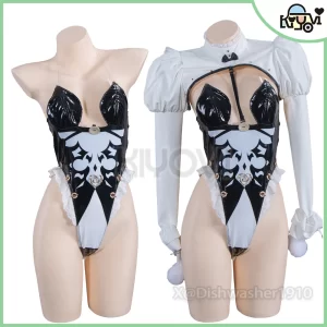 NieR Automata 2B bunny cosplay set with PU bodysuit, fluffy tail, and garter straps - @DISHWASHER1910 fan-art costume