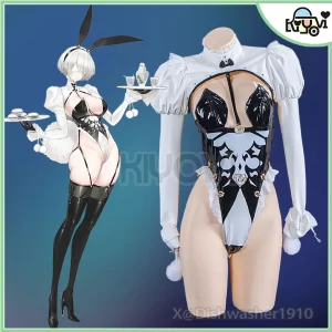 NieR Automata 2B bunny cosplay set with PU bodysuit, fluffy tail, and garter straps - @DISHWASHER1910 fan-art costume