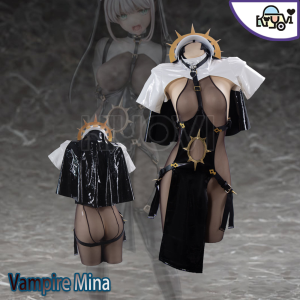 YD's Vampire Mina cosplay: ornate nun headdress, leather restraints, bondage gloves,PU coat, and thigh-high socks - Gothic couple set