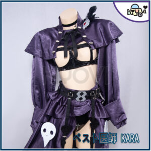 ペスト Doctor KARA 13-piece leather gothic cosplay ensemble by Sueスーエ, hollow bustier cutouts, cross-body straps, feather brooch, and modular pieces.