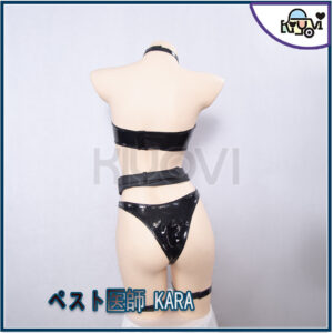 ペスト Doctor KARA 13-piece leather gothic cosplay ensemble by Sueスーエ, hollow bustier cutouts, cross-body straps, feather brooch, and modular pieces.