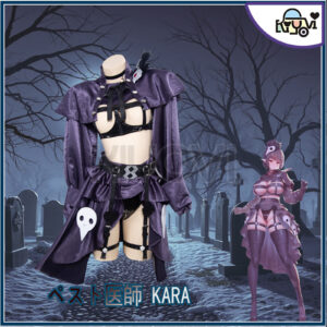 ペスト Doctor KARA 13-piece leather gothic cosplay ensemble by Sueスーエ, hollow bustier cutouts, cross-body straps, feather brooch, and modular pieces.