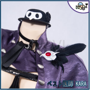 ペスト Doctor KARA 13-piece leather gothic cosplay ensemble by Sueスーエ, hollow bustier cutouts, cross-body straps, feather brooch, and modular pieces.