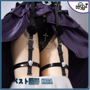 ペスト Doctor KARA 13-piece leather gothic cosplay ensemble by Sueスーエ, hollow bustier cutouts, cross-body straps, feather brooch, and modular pieces.