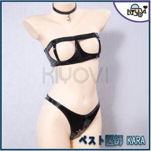 ペスト Doctor KARA 13-piece leather gothic cosplay ensemble by Sueスーエ, hollow bustier cutouts, cross-body straps, feather brooch, and modular pieces.