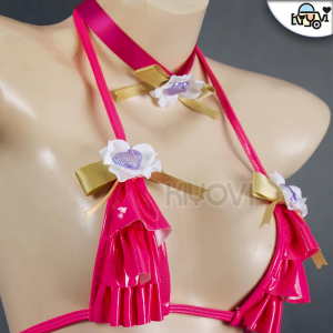 DISHWASHER1910's Hoshino Ai swimsuit: adjustable PU bikini, printed stripe stockings, bunny headband, thigh tattoos and matching gloves
