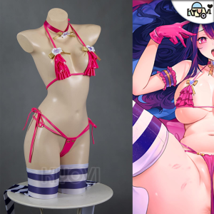 DISHWASHER1910's Hoshino Ai swimsuit: adjustable PU bikini, printed stripe stockings, bunny headband, thigh tattoos and matching gloves