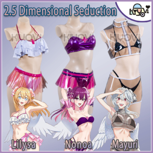 The Lilysa cosplay costume from 2.5 Dimensional Seduction, featuring a light-refractive TPU bustier and skirt, two headpieces, and a large wing accessory.