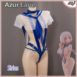 A complete cosplay outfit for the character SIRIUS from Azur Lane, showing the shiny black PU bodysuit, white chiffon overcoat, cape, headband, and stockings.