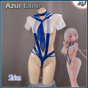 A complete cosplay outfit for the character SIRIUS from Azur Lane, showing the shiny black PU bodysuit, white chiffon overcoat, cape, headband, and stockings.
