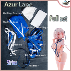 A complete cosplay outfit for the character SIRIUS from Azur Lane, showing the shiny black PU bodysuit, white chiffon overcoat, cape, headband, and stockings.