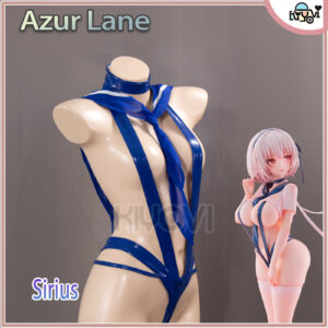 A complete cosplay outfit for the character SIRIUS from Azur Lane, showing the shiny black PU bodysuit, white chiffon overcoat, cape, headband, and stockings.