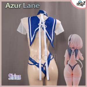 A complete cosplay outfit for the character SIRIUS from Azur Lane, showing the shiny black PU bodysuit, white chiffon overcoat, cape, headband, and stockings.