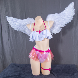 The Lilysa cosplay costume from 2.5 Dimensional Seduction, featuring a light-refractive TPU bustier and skirt, two headpieces, and a large wing accessory.
