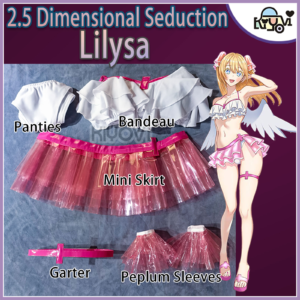 The Lilysa cosplay costume from 2.5 Dimensional Seduction, featuring a light-refractive TPU bustier and skirt, two headpieces, and a large wing accessory.