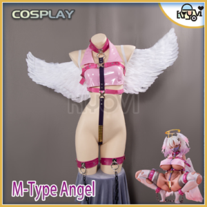 The full M-type Angel restraint cosplay costume set displayed, including the wing harness, PU leather top, multiple cuffs, and straps.