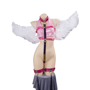 The full M-type Angel restraint cosplay costume set displayed, including the wing harness, PU leather top, multiple cuffs, and straps.