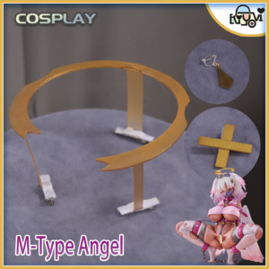 The full M-type Angel restraint cosplay costume set displayed, including the wing harness, PU leather top, multiple cuffs, and straps.
