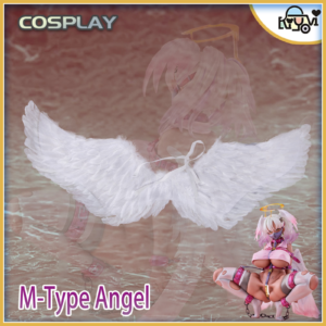 The full M-type Angel restraint cosplay costume set displayed, including the wing harness, PU leather top, multiple cuffs, and straps.